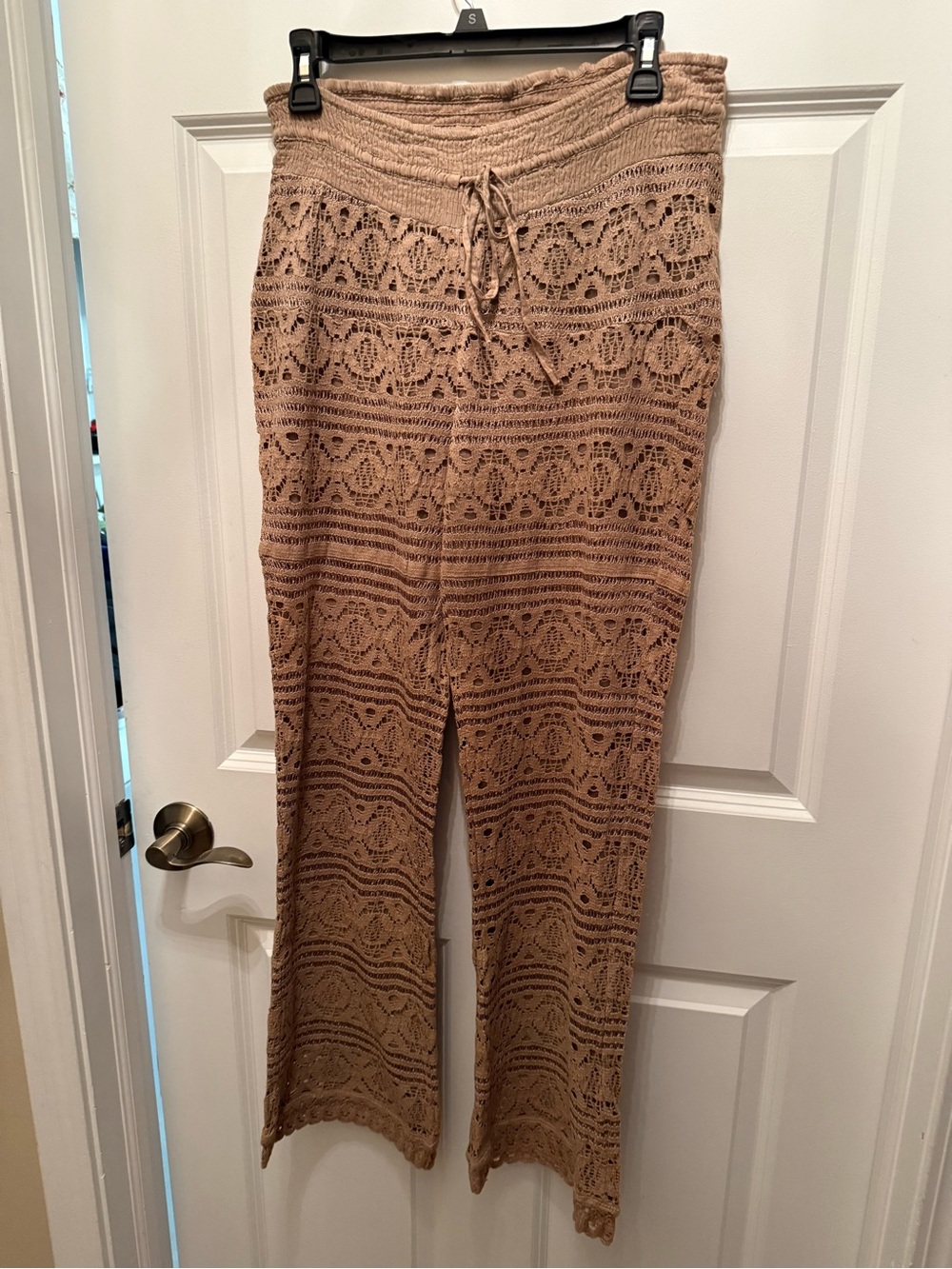 Crochet Wide-Leg Pants in Taupe with Drawstring Waist